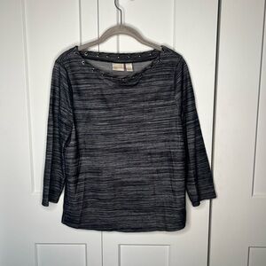 Chico's Indigo Faux Leather Trim Neckline Detail Top Women's Size Medium / 1